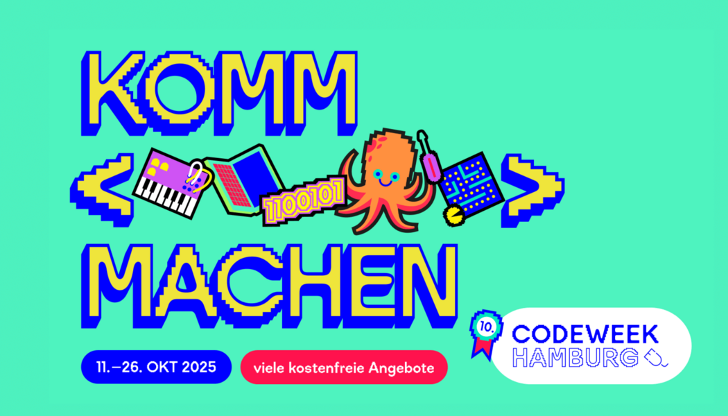 Hier ist das Logo der diesjährigen Codeweek zu sehen: Komm < >Machen als Text. Zwischen den Zeichen tummeln sich verpixelte Icons wie ein Krake, ein Mirkochip und eine Tastatur.